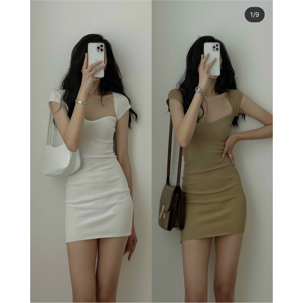 Váy body len tăm cổ vuông, váy ôm sexy dáng dài tay ngắn