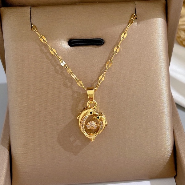 Vòng cổ Thép Titan Mặt Hình Cá Heo Thông Minh Dát Vàng Nhỏ Đơn Giản Thời Trang Cho Nữ