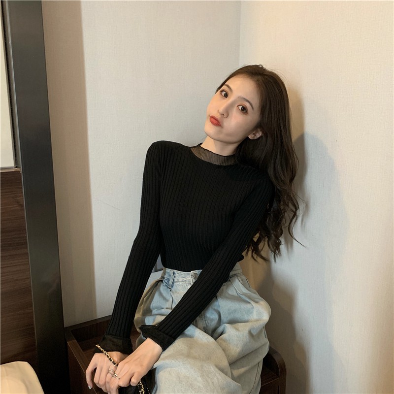 Áo tay dài Xiaozhainv phối ren 6 màu thời trang quyến rũ cho nữ