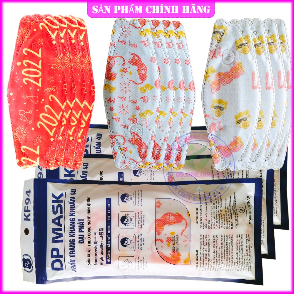 10Cái Khẩu trang 4D Mask Happy New Year Chúc mứng năm mới đón tết Đại Phát ĐP, Y tế 4 lớp kháng khuẩn 3D 4D 5D N95 KF94.