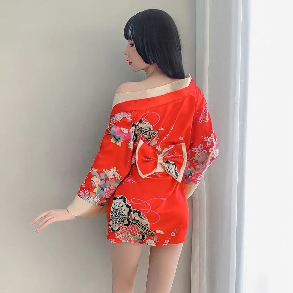 Đồ ngủ sexy gợi cảm áo choàng kimono thiếu nữ Nhật Bản hai màu đỏ đen 57