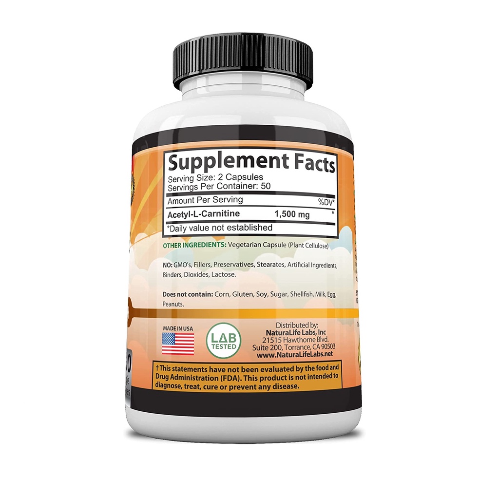 NaturaLife Labs Acetyl L-Carnitine 1500mg Maximum - Viên uống hỗ trợ trí não, tăng cường cơ bắp, chống oxy hóa 100 viên