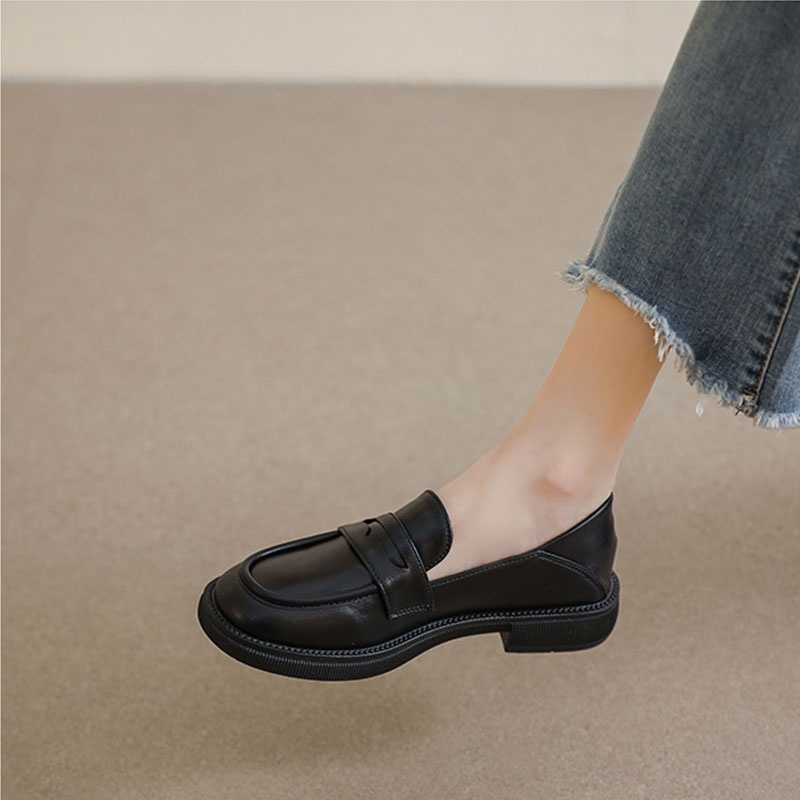 Big Size 35-43 Giày da đế bằng màu đen phong cách