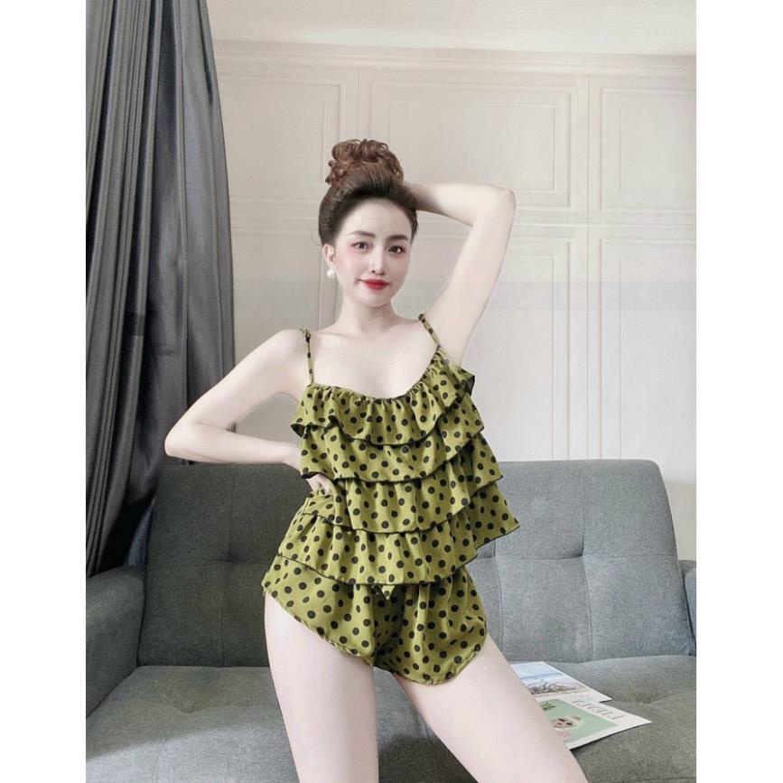 Đồ Ngủ Lụa Satin , Đồ Bộ Nữ Đồ Mặc Nhà 2 Dây Tầng Quần Cọc Chất Lụa Họa Tiết Chấm Bi Dễ Thương Xinh Xắn. | BigBuy360 - bigbuy360.vn