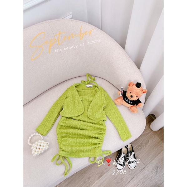 Set len thừng áo khoác + váy dây body cho bé gái