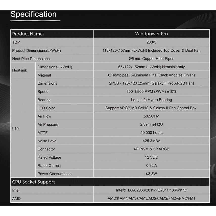 Quạt tản nhiệt CPU XIGMATEK WINDPOWER PRO (EN44276) - Dual fan RGB Hỗ trợ cả Intel và AMD
