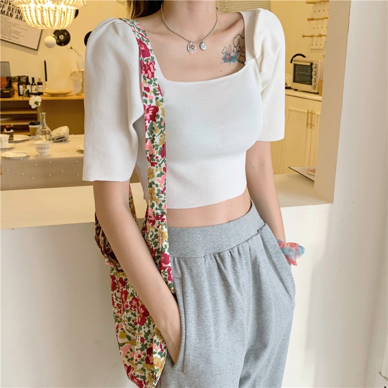  Áo croptop dệt kim tay ngắn cổ vuông thời trang Hàn Quốc