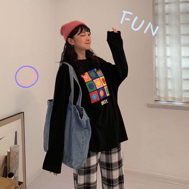 Set Áo Thun Tay Dài Dáng Rộng + Quần ống rộng Họa Tiết Sọc Caro Thời Trang Cho Nữ