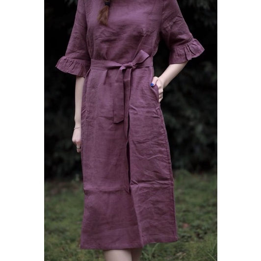 Đầm linen tưng tay xoè thắt eo - Đầm 2 lớp