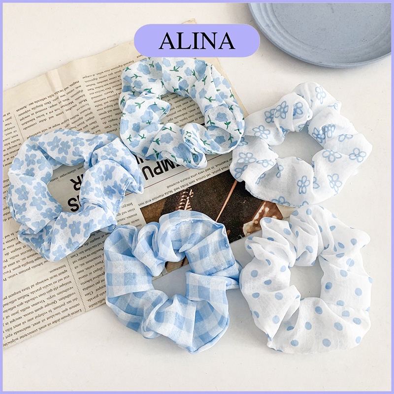 Dây Buộc Tóc Vải Hình Hoa Thêu, Cột Tóc Scrunchies Màu Pastel Xanh Hồng Dễ Thương Alina K4-V005