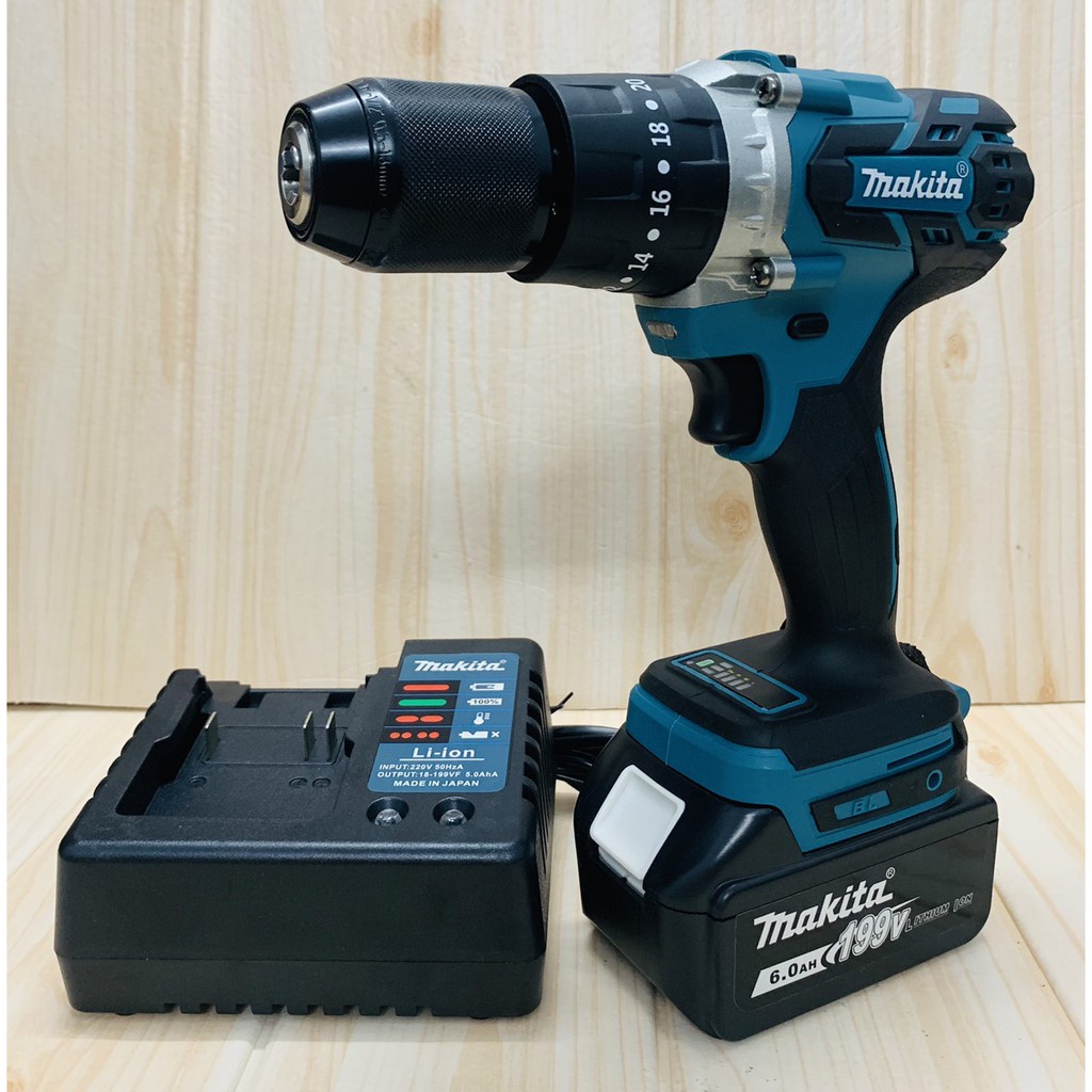 Máy khoan pin Makita 199V - KHÔNG CHỔI THAN, 3 chức năng, đầu auto lock 13 ly - Có búa khoan tường