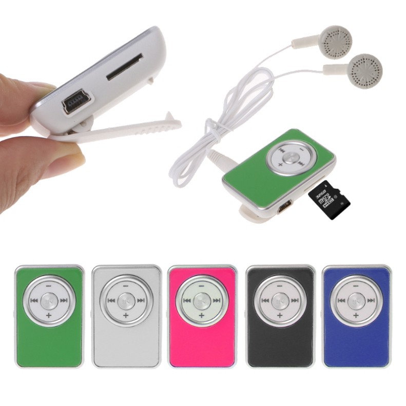 Máy nghe nhạc MP3 có kẹp mini hỗ trợ thẻ nhớ TF và SD có tai nghe và cáp USB