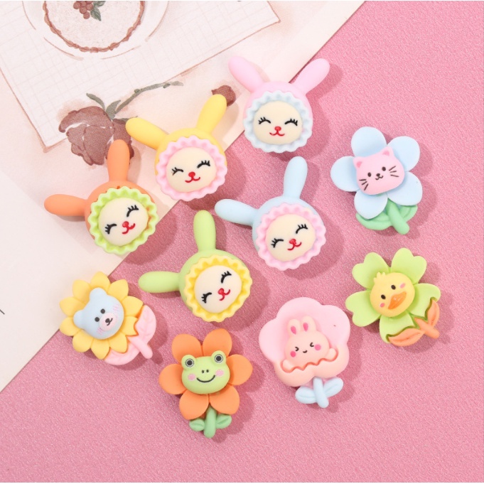 Mẫu charm thỏ đội mũ tắm, bông hoa mặt thú nhỏ cho các bạn trang trí vỏ ốp điện thoại, kẹp tóc, dán Jibbitz, DIY