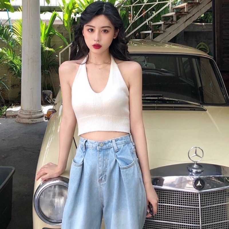 Áo yếm dệt kim buộc nơ cổ