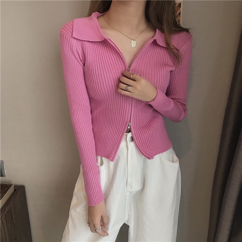 Áo cardigan IELGY dệt kim phối khóa kéo phong cách mùa thu / đông mới