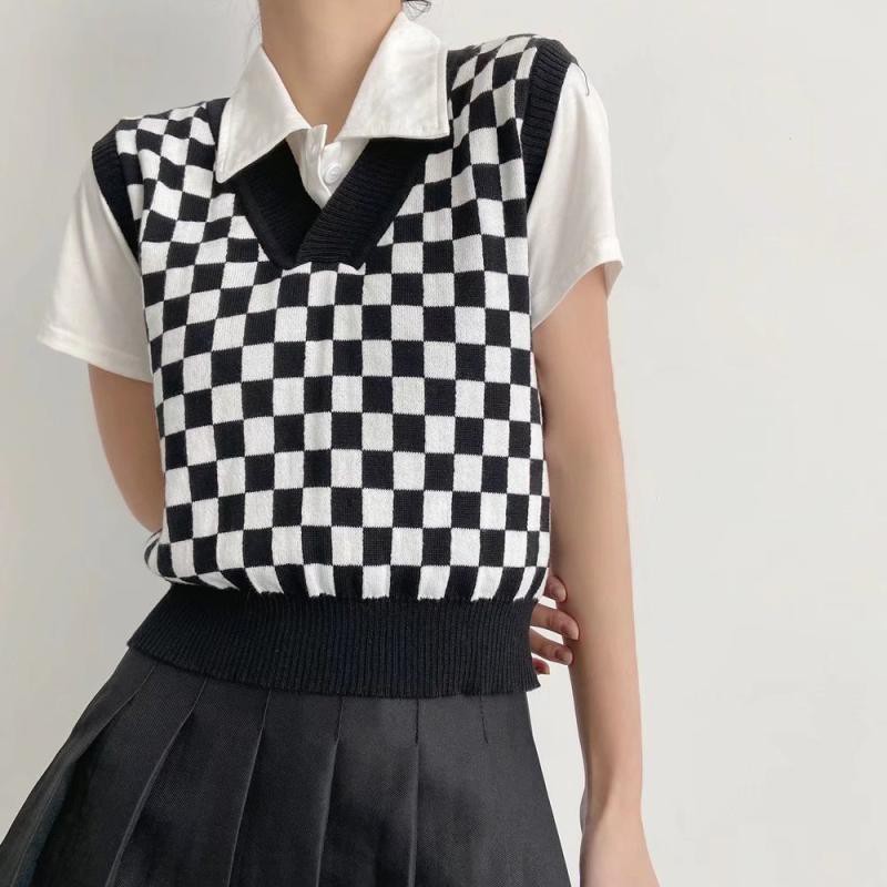 Áo ghi lê dệt kim cổ chữ V dáng rộng phong cách retro Nhật Bản