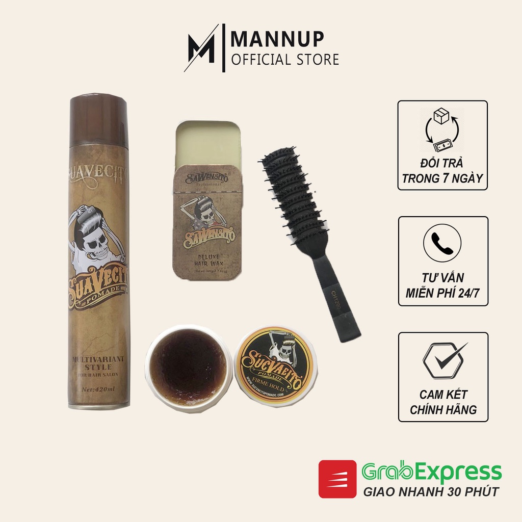 Combo Gôm Xịt Tóc Suavecito 420ml + Sáp Vuốt Tóc Sawensito + Wax Suavecito Firme + Lược Tạo Kiểu Tóc Chaoba CH1200