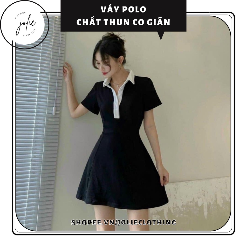 Đầm ngắn, váy ngắn polo thun cổ sơ mi viền trắng màu đen chất thun cotton co giãn