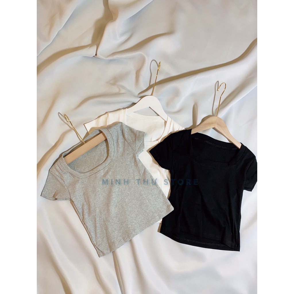 Áo Thun Croptop Nữ Cổ Vuông Cotton Dày Mịn Cực Đẹp, Áo Thun Nữ Tay Cộc Croptop
