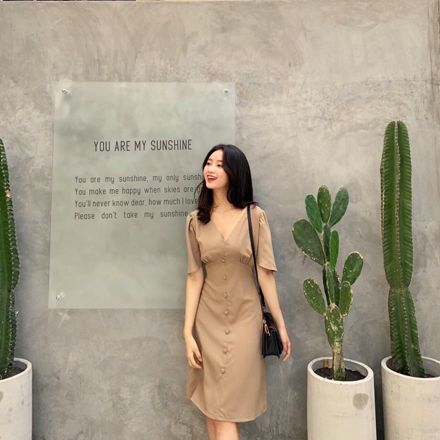 ĐẦM CỔ V NÚT BỌC CHIẾT EO ĐI LÀM ĐI DẠO