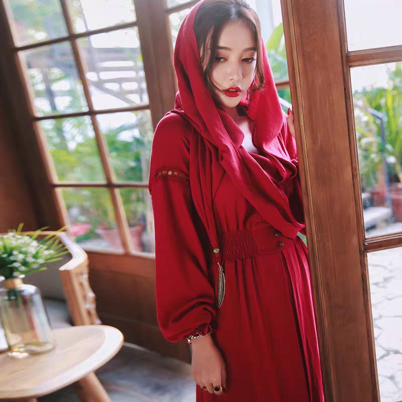 Đầm boho du lịch đỏ dáng dài có khăn mũ xẻ đùi - DBH1002 Đầm Bohemian Vintage Quảng Châu (Đỏ) | BigBuy360 - bigbuy360.vn