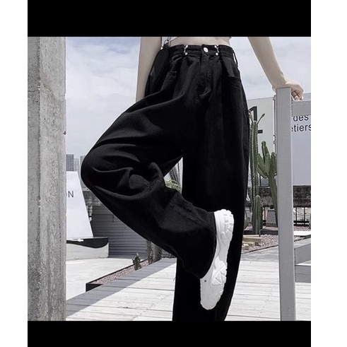 Quần jeans nữ. quần kaki jean gài eo cạp cao ống suông rộng phong cách Ulzzang Hàn Quốc