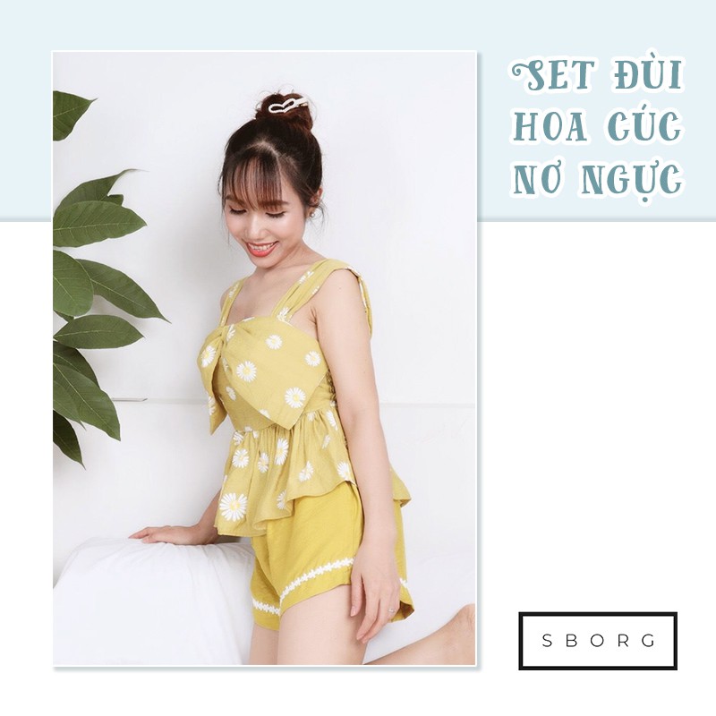 Quần áo thời trang SBORG set đồ nữ đi chơi xô hàn áo 2 dây nơ ngực hoa cúc freesize dưới 57kg quà tặng vợ