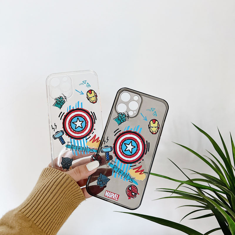 iron Man and Captain America Cartoon Side Pattern Black and Transparent TPU Phone Case For iPhone 12 mini 11 Pro XS Max X XS XR Soft Back Cover Shockproof Fashion Cover for iPhone 12Pro 7 8 7plus