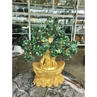 Cây Tài Lộc phong thủy đá TA. xanh với đế hình thỏi vàng để bàn làm việc, bàn thờ thần tài - Cao 30 cm
