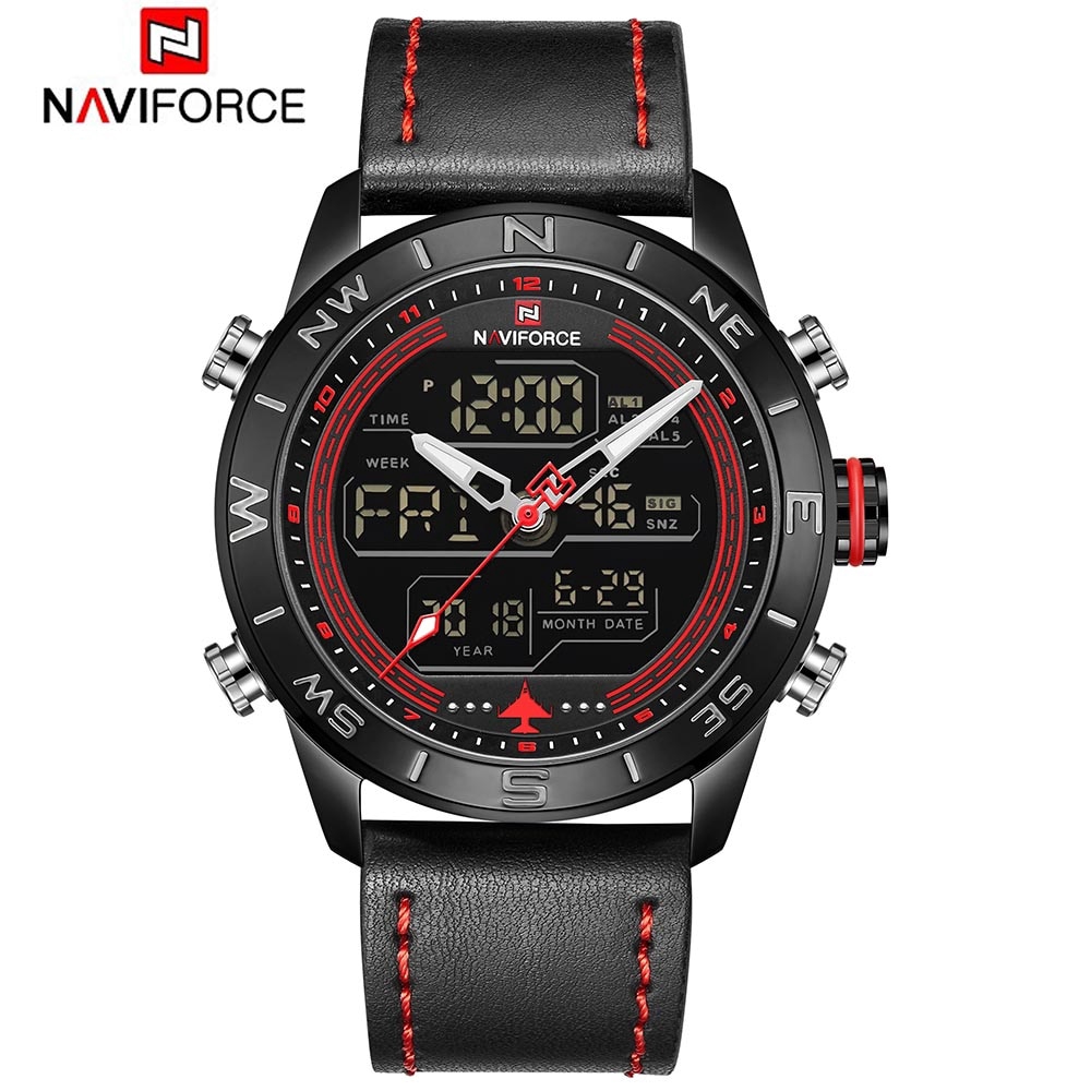 NAVIFORCE NF9144 Đồng hồ thạch anh dây da thể thao kỹ thuật số LED tương tự quân đội nam
