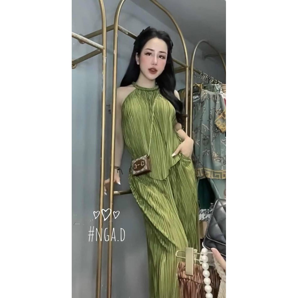 Sét dâp ly áo cổ yếm quầ dài ống rộng mẫu thời trang nữ siêu đẹp thời trang m543
