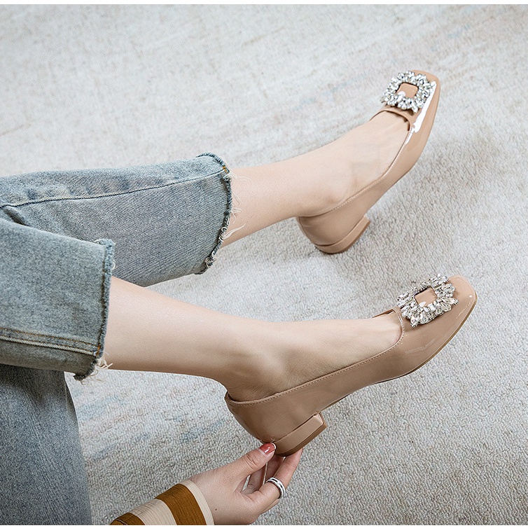 Giày Cao Gót Mũi Vuông Chất Liệu Da Bóng Phong Cách Retro Cho Nữ Size 32 33 34