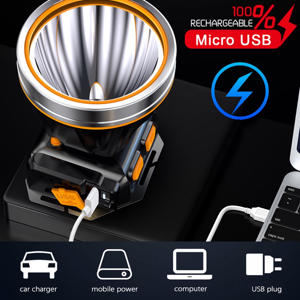 Đèn Led Đội Đầu Chống Thấm Nước Ánh Sáng Trắng/ Vàng Kèm Sạc USB Tiện Dụng