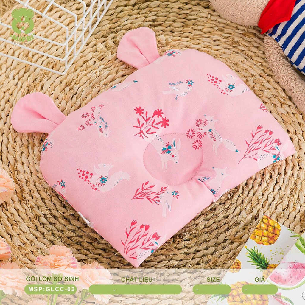 Gối lõm Mipbi chống bẹp đầu 100% Cotton HÀNG CAO CẤP Gối lõm sơ sinh thấm hút mồ hôi