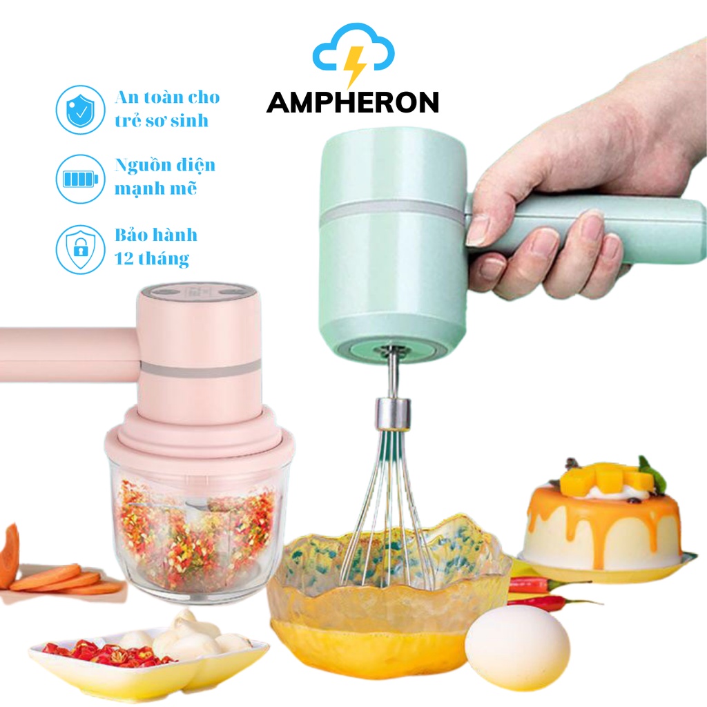 Máy đánh trứng cầm tay mini đa năng Ampheron đánh trứng siêu tiện lợi xay hành, tỏi, rau củ quả, thịt xạc điện MDT01