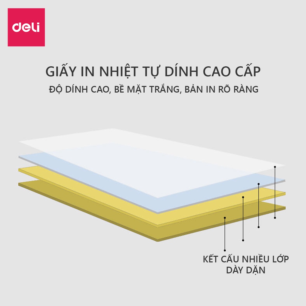 Giấy In Nhiệt Tự Dính Deli 3 Lớp Cuộn 500 Tờ 80x100mm - Đơn Hàng TMĐT, Mã Vạch, Hóa Đơn - Không Phai Mực - 11913