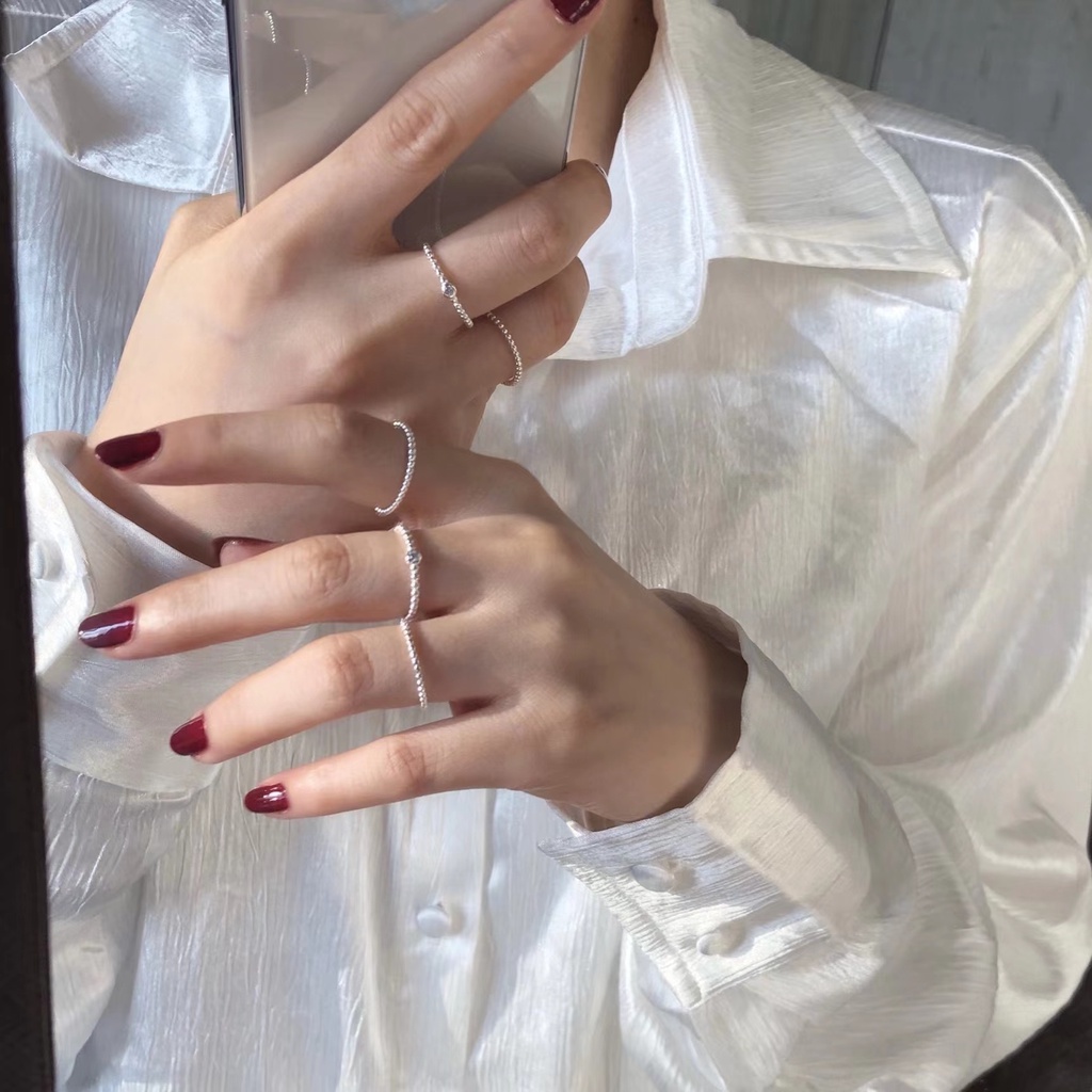 Nhẫn Hở Mạ Bạc 925 Đính Hạt Kim Cương Tròn Không Phai Màu Đơn Giản Cho Nữ