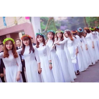 Áo dài trắng học sinh cấp 3 may sẵn vải gấm hoa Thái tuấn