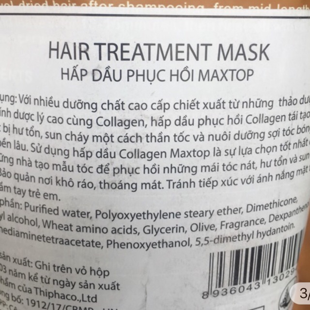 Hấp dầu phục hồi hoàn hình tóc hư tổn tóc sun tóc nát MAXTOP Hair Mask 500ml