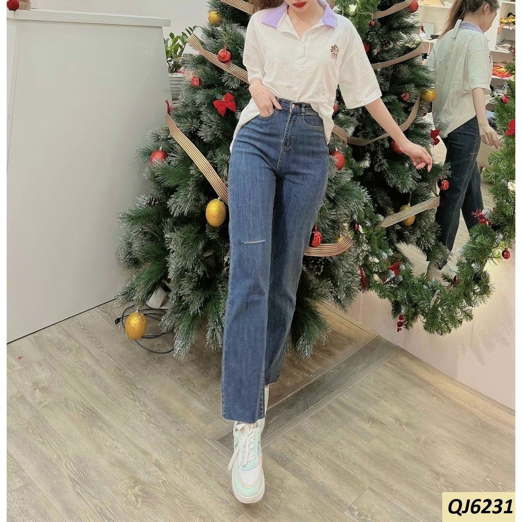 Quần jeans ống đứng rách gối lưng cao phủ rốn QJ6231 | WebRaoVat - webraovat.net.vn