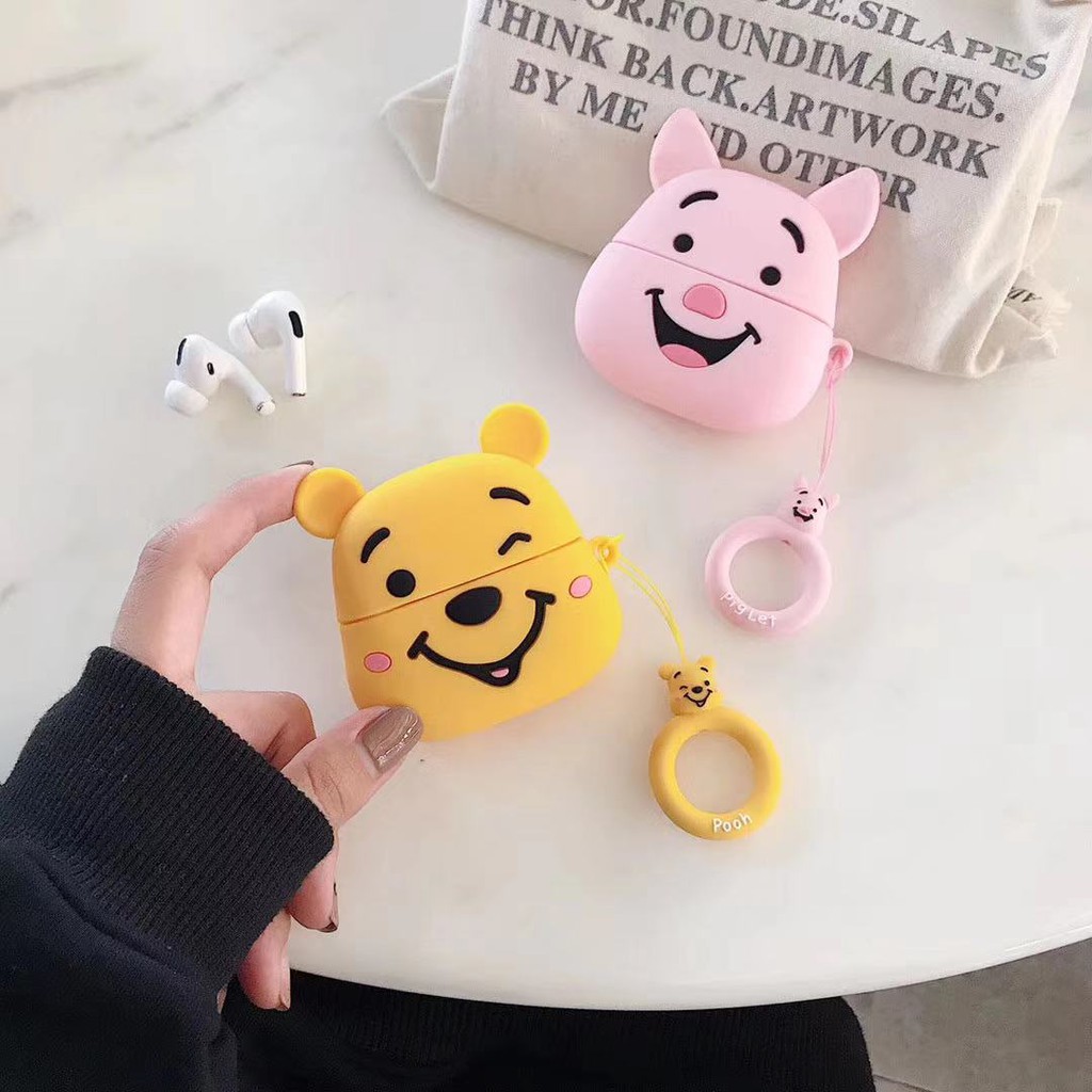 Vỏ Bảo Vệ Hộp Đựng Tai Nghe Airpod Pro Bằng Da In Hình Gấu Pooh / Heo Hồng Đáng Yêu