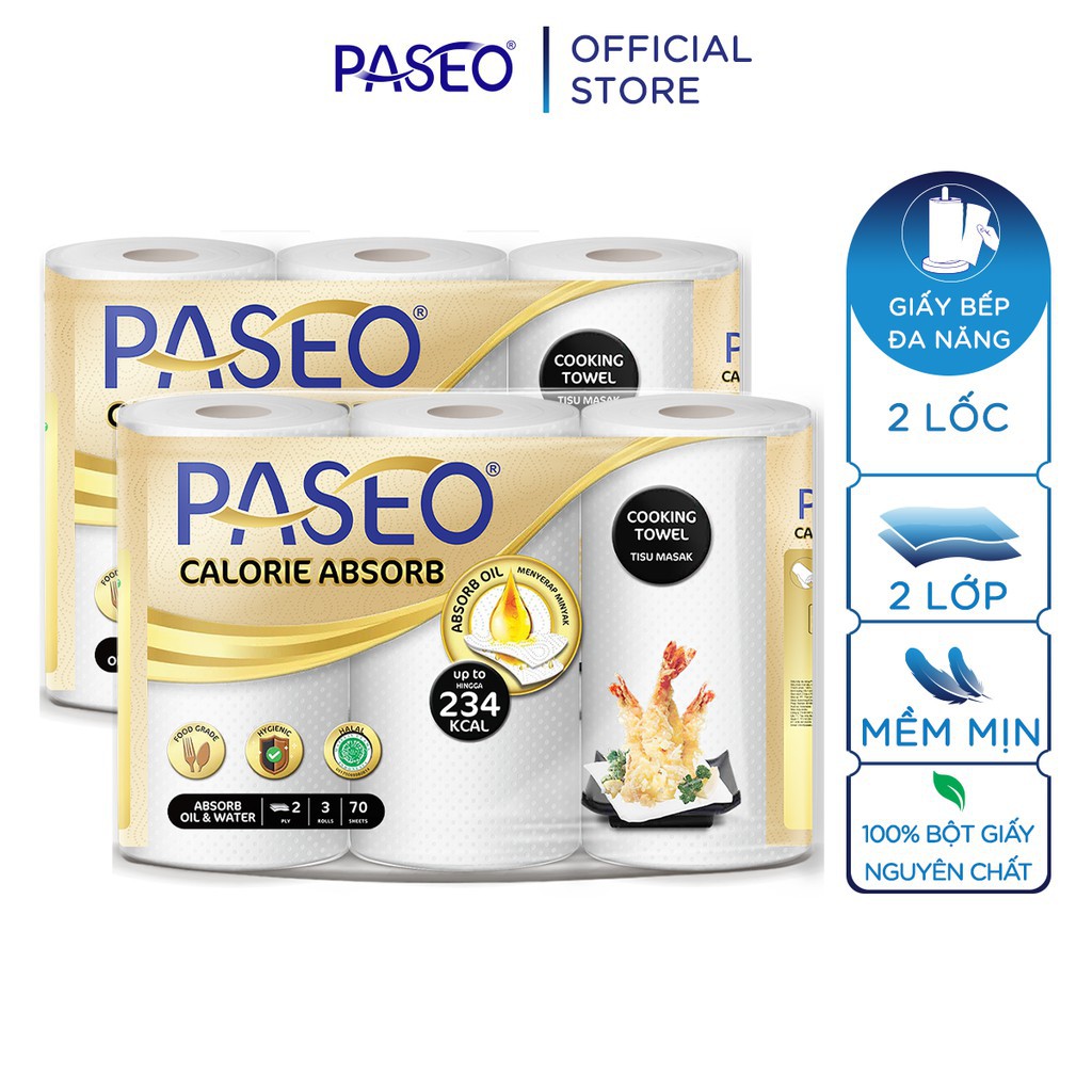 Combo 2 lốc giấy bếp đa năng cao cấp Paseo Calorie Absorb lau dầu mỡ, thấm hút nhanh (3 cuộn 2 lớp)/lốc