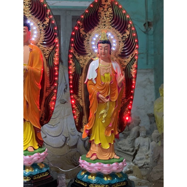 Bộ tượng Tây phương tam thánh cả lá đề đèn tổng 1.5m.