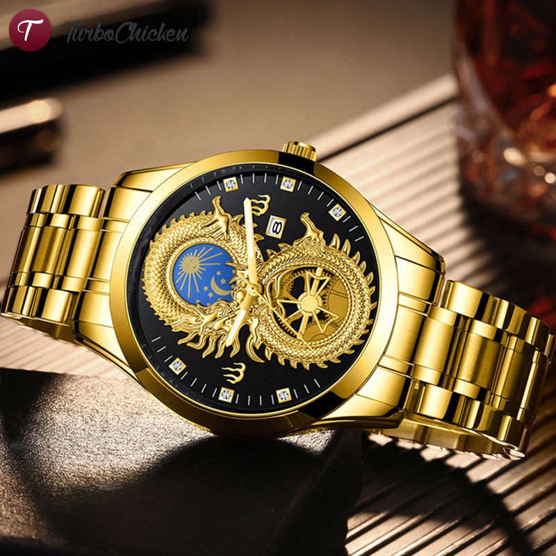 #đồng hồ đeo tay mạ vàng chống thấm nước hình rồng phượng sang trọng cho nam