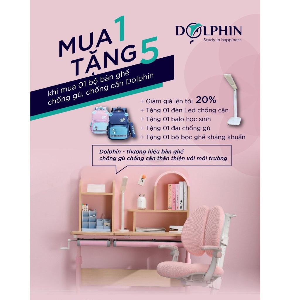 Bộ bàn học thông minh chống gù chống cận cho học sinh từ 3 đến 18 tuổi DOLPHIN- 04, kt mặt bàn 100*60cm