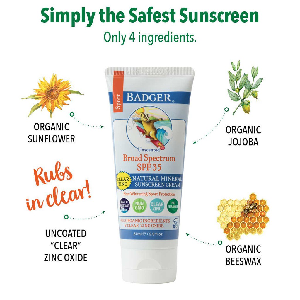 Kem chống nắng vật lý BADGER Sport Clear SPF 35 - NSF Organic, không mùi phổ rộng broad spectrum