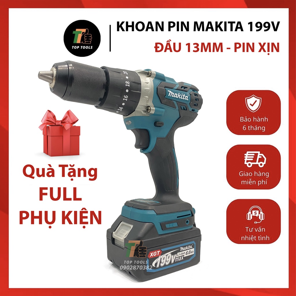 Máy khoan pin không chổi than, Máy khoan pin Makita, Pin 199v 10cell chân thông dụng, Đầu 13mm