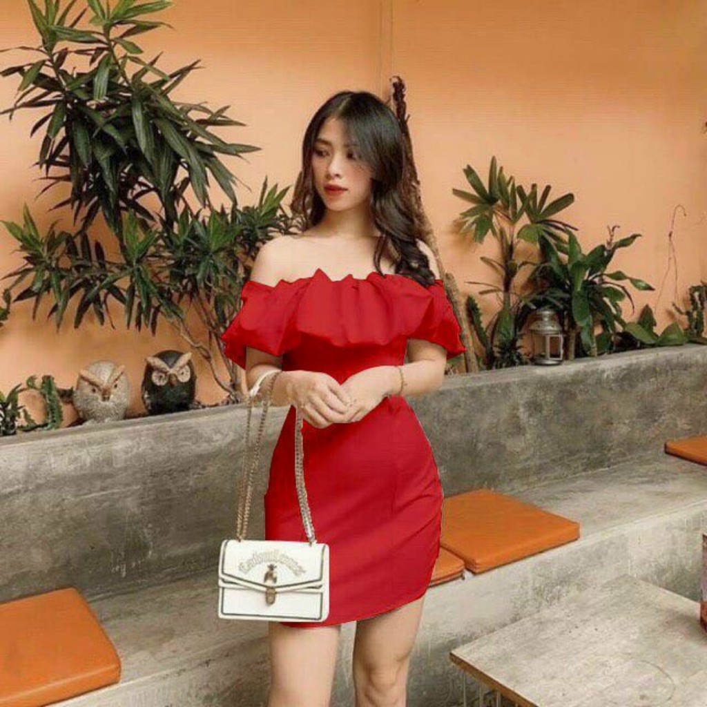 Đầm body trễ vai trắng bèo nhún GenY đầm trễ vai nữ tay phồng dáng ôm dự tiệc sexy chất đũi lụa mềm mát | BigBuy360 - bigbuy360.vn