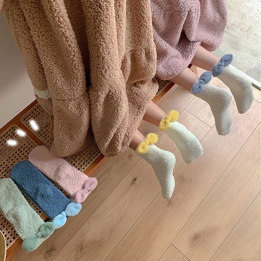 Vớ Ngủ Vải Lông Cừu San Hô Màu Trơn Đính Nơ Dễ Thương Cho Bạn Gái