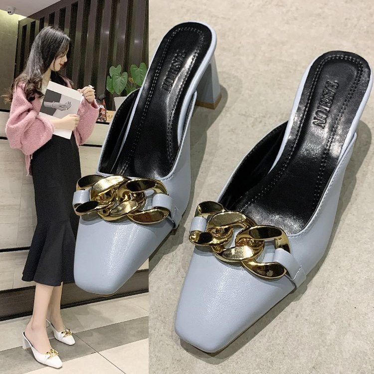 2021 Phong cách Hàn Quốc nửa đầu vuông kéo dây xích kim loại gót dày dép cao gót dép thời trang giày nữ